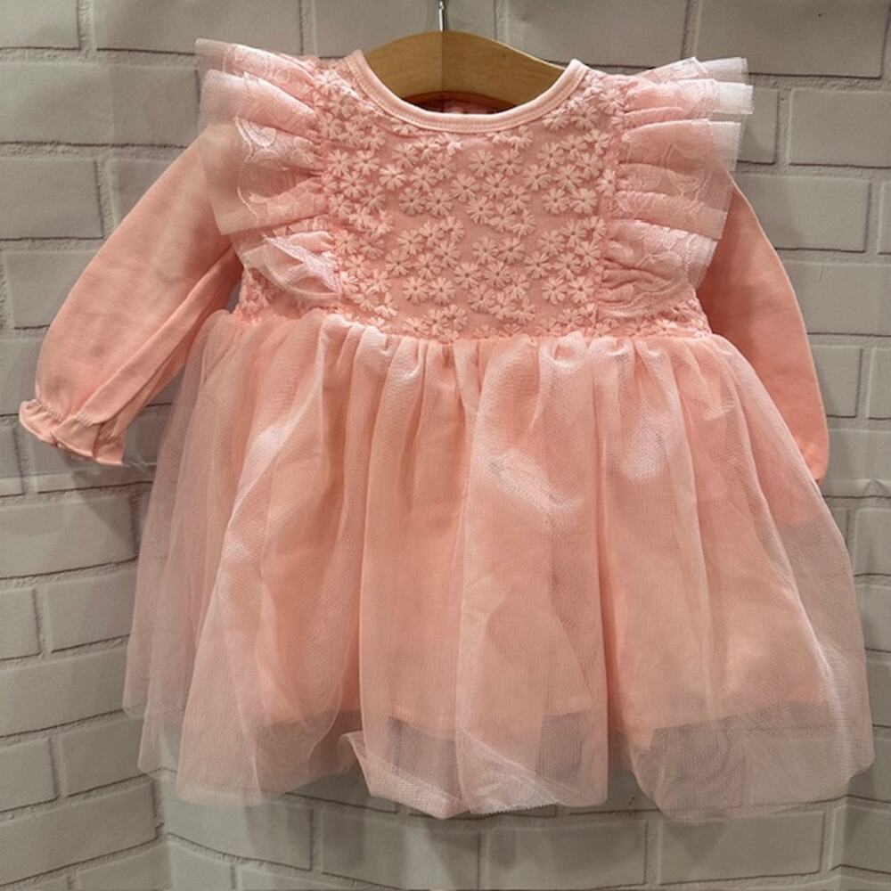 Pink Baby Girl Cotton Flower Dress 66 US 3-6 Month Lace Ruffles Lined Bonnet